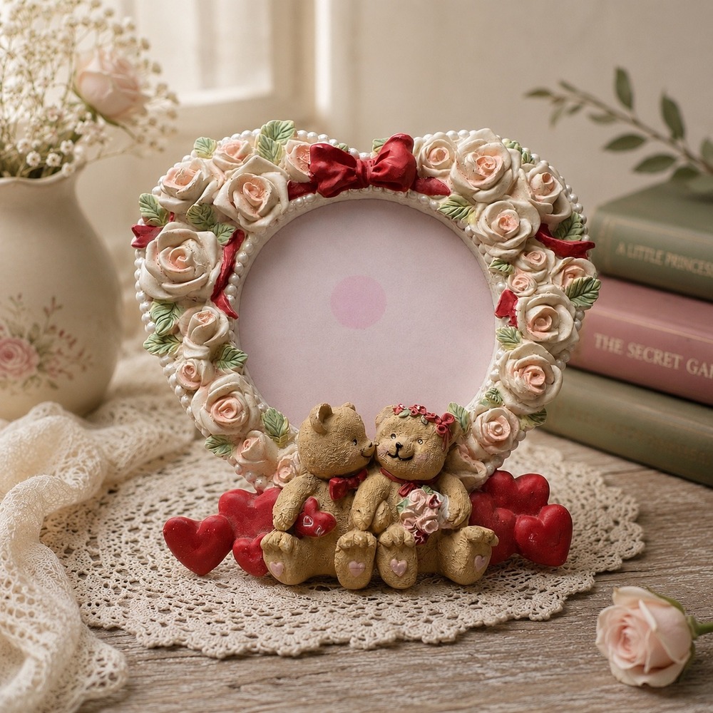 Vintage Teddy Bear Heart Rose Picture Frame Resin 3D Valentine Anniversary 6.5"